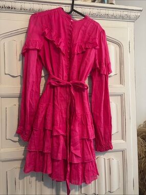 Tiered Ruffle Long Sleeve Dress in Hot Pink